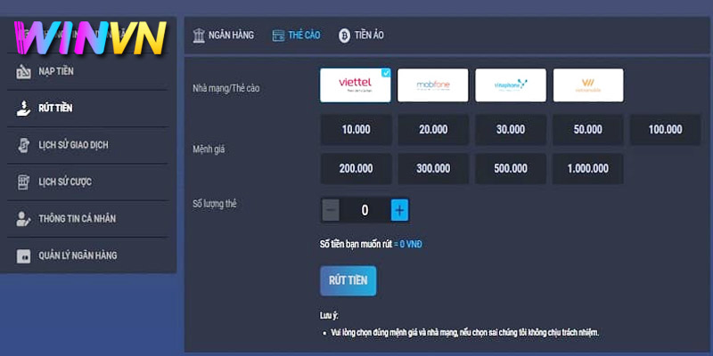 Hướng dẫn cách thức rút tiền WinVN 3 hướng dẫn rút tiền winvn bằng thẻ cào